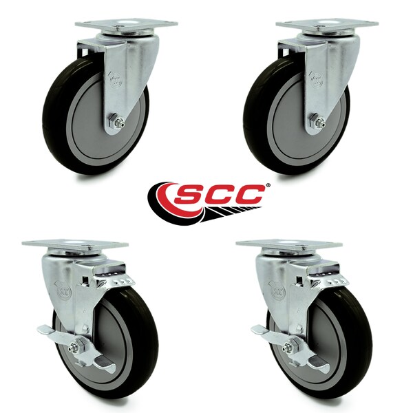 5 Inch Black Polyurethane Wheel Swivel Top Plate Caster Set with 2 Brakes SCC